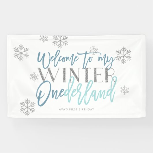 Winter ONEderland Silver Glitter Blue Welcome Sign Spandoek (Horizontaal)