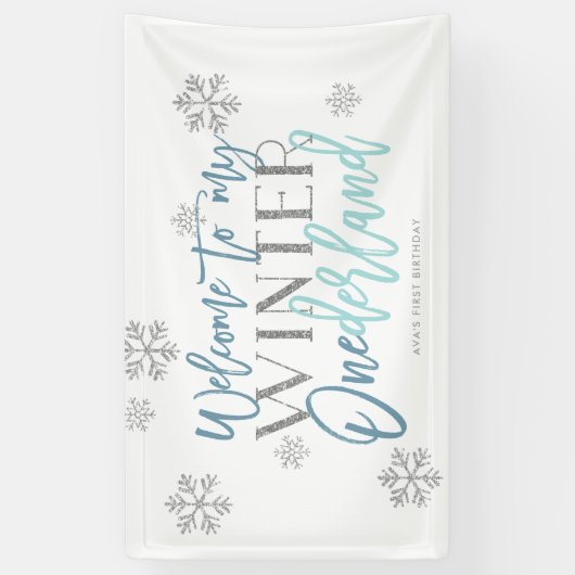Winter ONEderland Silver Glitter Blue Welcome Sign Spandoek (Verticaal)