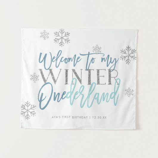 Winter ONEderland Silver Glitter Blue Welcome Sign Wandkleed (Voorkant (horizontaal))