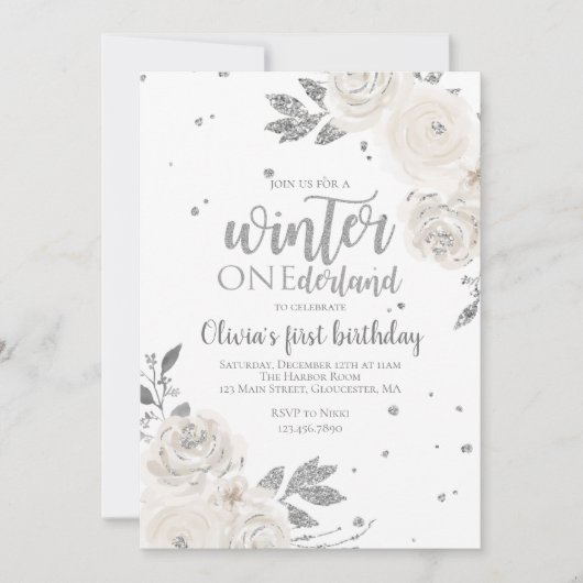Winter Onederland Silver Glitter Floral Kaart (Voorkant)