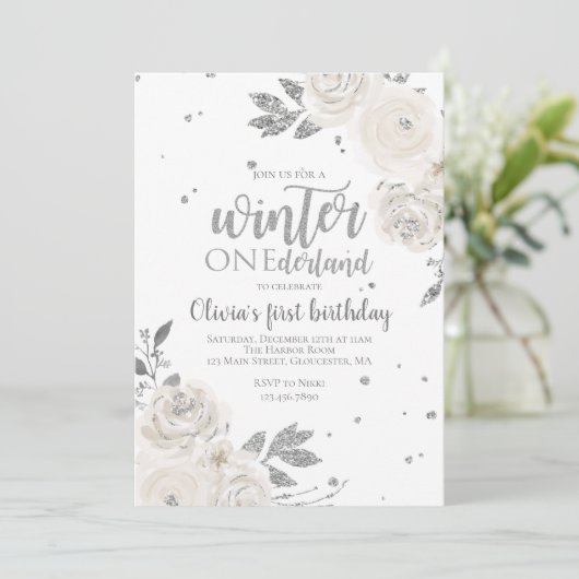 Winter Onederland Silver Glitter Floral Kaart (Staand voorkant)