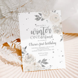 Winter Onederland Silver Glitter Floral Kaart