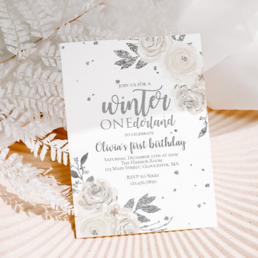 Winter Onederland Silver Glitter Floral Kaart
