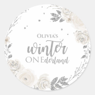 Winter Onederland Silver Glitter Floral Ronde Sticker