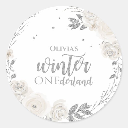 Winter Onederland Silver Glitter Floral Ronde Sticker (Voorkant)
