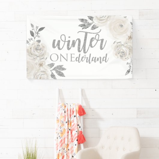 Winter Onederland Silver Glitter Flowers Spandoek (Insitu)