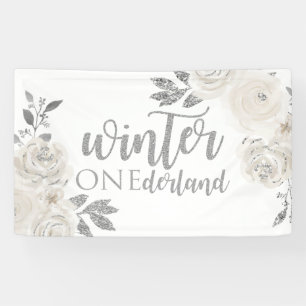 Winter Onederland Silver Glitter Flowers Spandoek