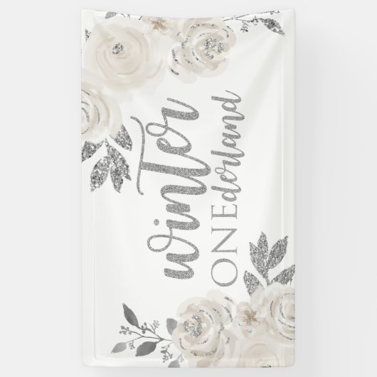 Winter Onederland Silver Glitter Flowers Spandoek (Verticaal)