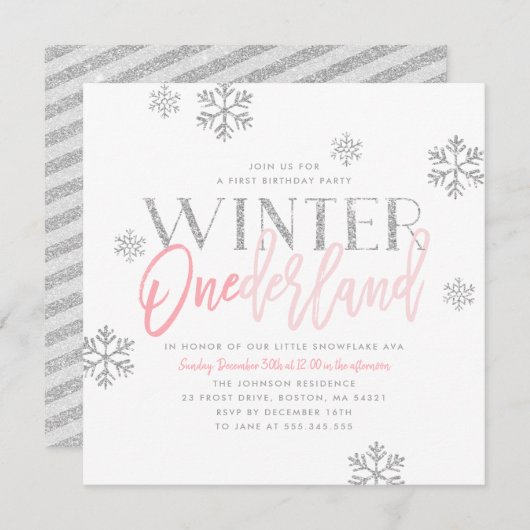 Winter ONEderland Silver Glitter Pink 1st Birthday Kaart (Voorkant / Achterkant)