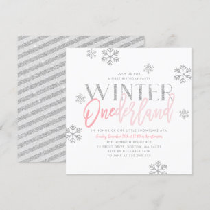 Winter ONEderland Silver Glitter Pink 1st Birthday Kaart