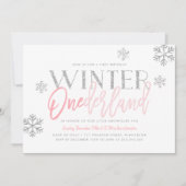 Winter ONEderland Silver Glitter Pink 1st Birthday Kaart (Voorkant)