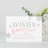 Winter ONEderland Silver Glitter Pink 1st Birthday Kaart (Staand voorkant)