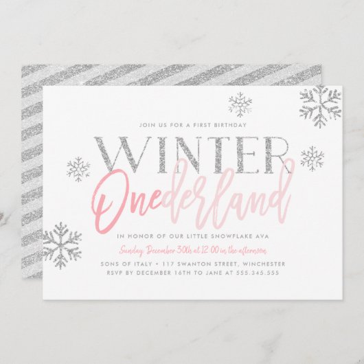 Winter ONEderland Silver Glitter Pink 1st Birthday Kaart (Voorkant / Achterkant)