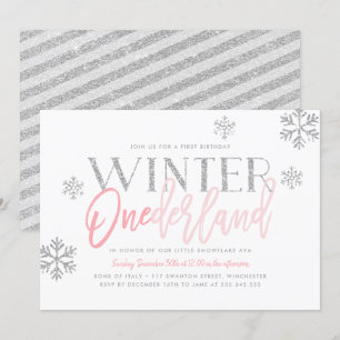 Winter ONEderland Silver Glitter Pink 1st Birthday Kaart