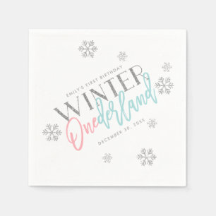 Winter ONEderland Silver Glitter Pink 1st Birthday Servet