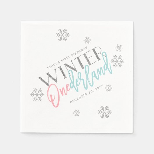 Winter ONEderland Silver Glitter Pink 1st Birthday Servet (Voorkant)