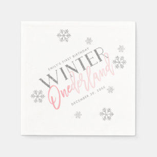Winter ONEderland Silver Glitter Pink 1st Birthday Servet