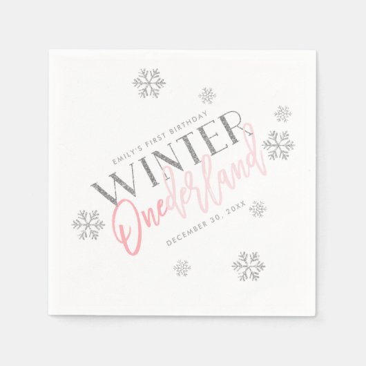 Winter ONEderland Silver Glitter Pink 1st Birthday Servet (Voorkant)