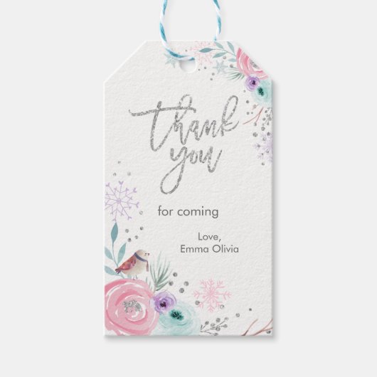 Winter ONEderland Silver Glitter Pink Floral Gift Cadeaulabel (Voorkant)