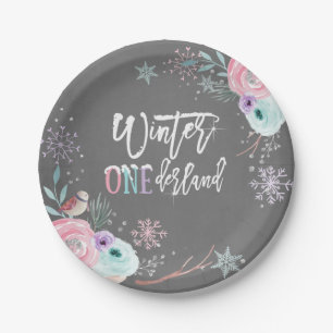 Winter ONEderland Silver Glitter Pink Floral Girl Papieren Bordje