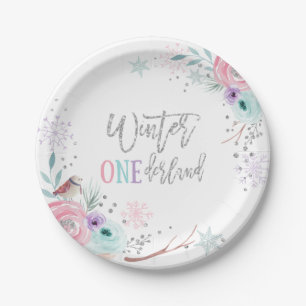 Winter ONEderland Silver Glitter Pink Floral Girl Papieren Bordje