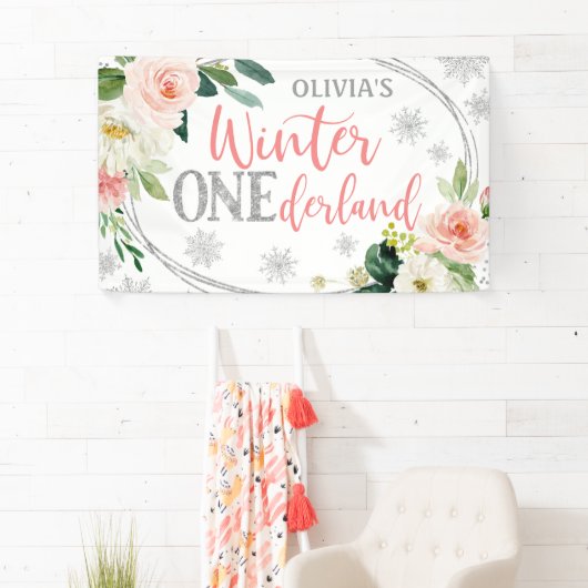 Winter ONEderland Silver Pink Floral Birthday Spandoek (Insitu)