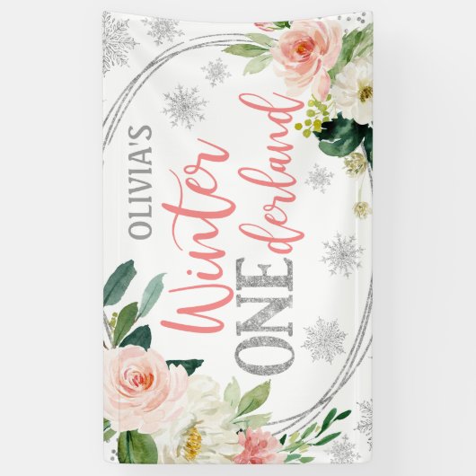 Winter ONEderland Silver Pink Floral Birthday Spandoek (Verticaal)