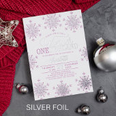 Winter Onederland silver pink girl first birthday Folie Uitnodiging