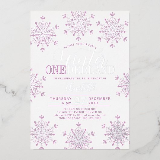 Winter Onederland silver pink girl first birthday Folie Uitnodiging (Voorkant)