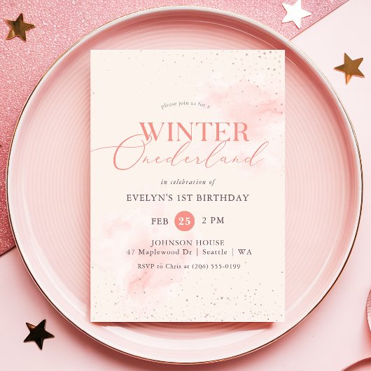 Winter ONEderland Silver Pink Glitter 1st Birthday Kaart