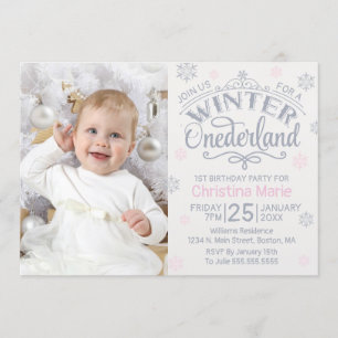 Winter Onederland Silver Pink Snowflake 1st Kaart