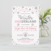 Winter ONEderland Silver Pink Snowflake Birthday Kaart (Staand voorkant)