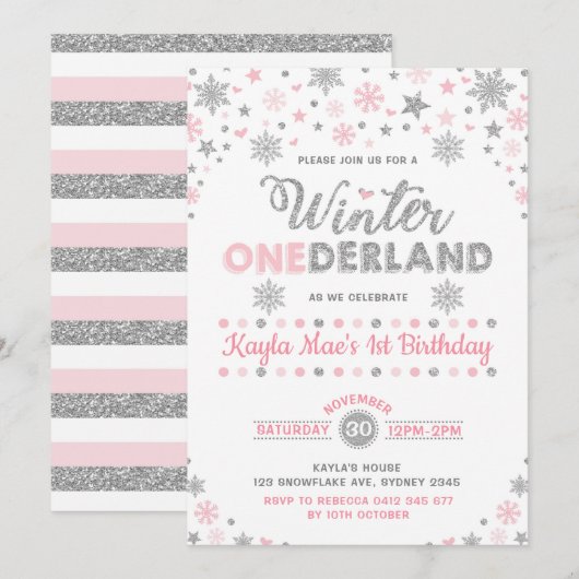 Winter ONEderland Silver Pink Snowflake Birthday Kaart (Voorkant / Achterkant)