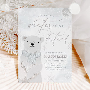 Winter Onederland Silver Polar Beer Birthday Kaart