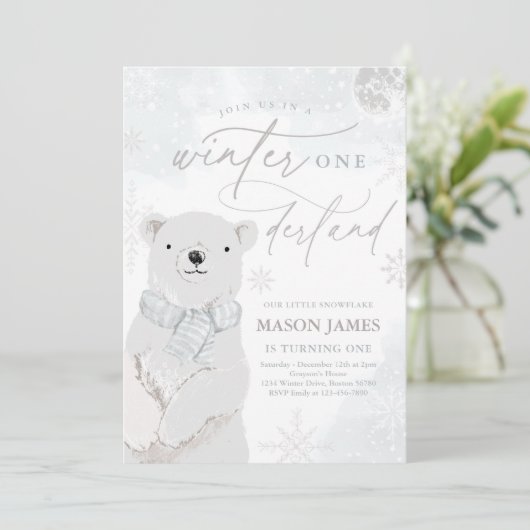 Winter Onederland Silver Polar Beer Birthday Kaart (Staand voorkant)