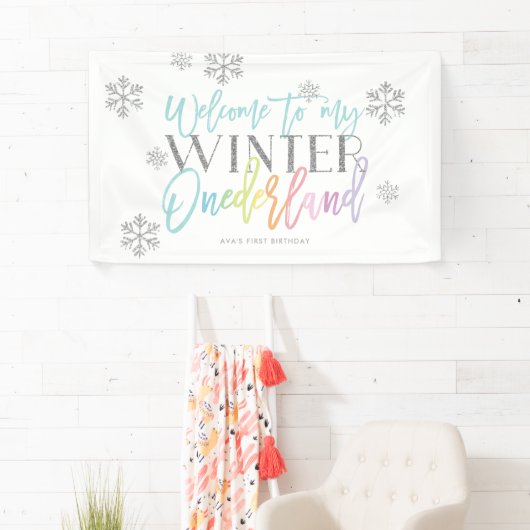 Winter ONEderland Silver Rainbow Welcome Sign. Spandoek (Insitu)