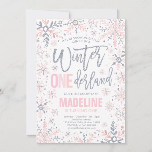 Winter ONEderland Silver Snowflake 1st Birthday Kaart (Voorkant)