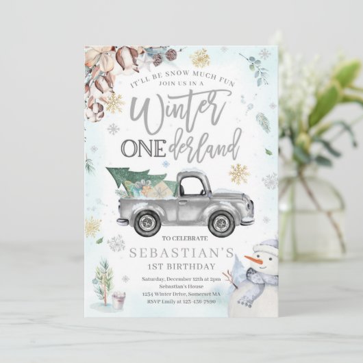 Winter ONEderland Silver Winter Truck Snowman Kaart (Staand voorkant)