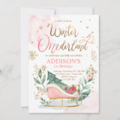 Winter Onederland Sleigh Pink Gold 1e verjaardag Kaart (Voorkant)