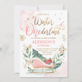 Winter Onederland Sleigh Pink Gold 1e verjaardag Kaart