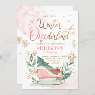 Winter Onederland Sleigh Pink Gold 1e verjaardag Kaart