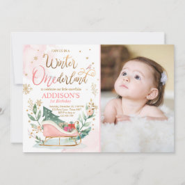 Winter Onederland Sleigh Pink Gold 1e verjaardag Kaart