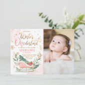 Winter Onederland Sleigh Pink Gold 1e verjaardag Kaart (Staand voorkant)
