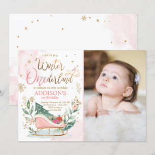 Winter Onederland Sleigh Pink Gold 1e verjaardag Kaart