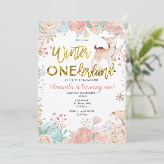 Winter ONEderland Sneeuw Verjaardag uitnodiging Ro (Staand voorkant)