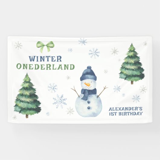 Winter Onederland Sneeuwman 1e Verjaardag Spandoek (Horizontaal)