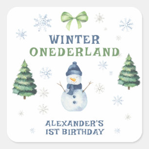 Winter Onederland Sneeuwman 1e Verjaardag  Vierkante Sticker