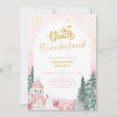 Winter ONEderland Sneeuwman Meisje 1e Roze Verjaar Kaart (Voorkant)