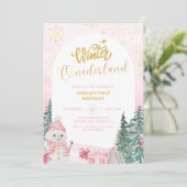 Winter ONEderland Sneeuwman Meisje 1e Roze Verjaar Kaart (Staand voorkant)