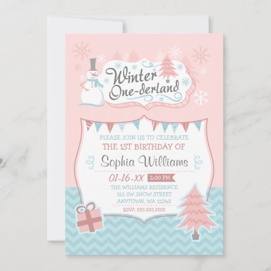 Winter Onederland Sneeuwman Meisje 1e Verjaardag Kaart (Voorkant)